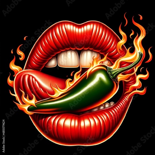 AI generated illustration of a close-up of a young female holding red chili peppers in her lips