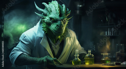 Scary green fairy-tale oriental dragon scientist works in a scientific laboratory