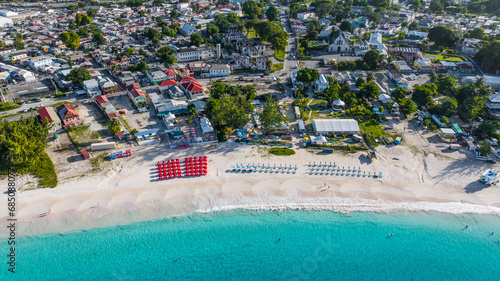 Aerial landscape view of Bay Area of Carlisle Bay at Bridgetown, Capital of Barbados around "Brownes Beach" with white sand beach and amazing turquoise water 