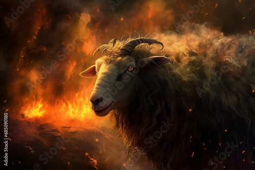 Nightmare sheep with orange fire flames. Terrified demonic creature with horn surrounded with fiery flames. Generate ai