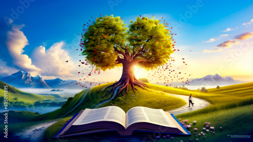 Open book sitting on top of lush green field next to tree.