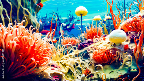 Underwater scene with corals and sponges and other marine life in the water.