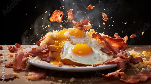 Big breakfast with bacon and scrambled eggs image in the dark background
