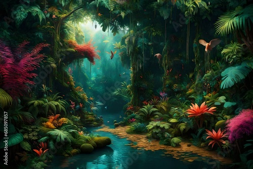 "Delve into the heart of a pixelated jungle, where vibrant flora and fauna create a symphony of colors. 