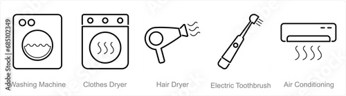 A set of 5 Home Appliance icons as washing machine, clothes dryer, hair dryer