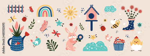 Spring set of elements with rabbit and chicken. Vector illustration