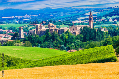 Italy .Scenic countryside and medieval village Castelvetro di Modena in Emilia Romagna region famous for Lambrusco wine.