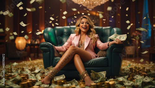 Happy and shoutting rich female influencer millionaire sits with a bundle of money dollars cash in big luxury armchair while bills falling