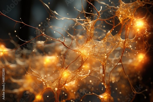 A close-up of golden, luminous neural or fungal networks with glowing orbs and particles against a dark backdrop