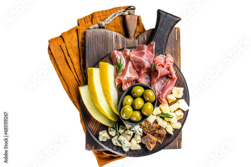 Italian appetizer platter, antipasti snack with Prosciutto ham, Parmesan, Blue cheese, Melon and Olives on wooden board. Transparent background. Isolated.