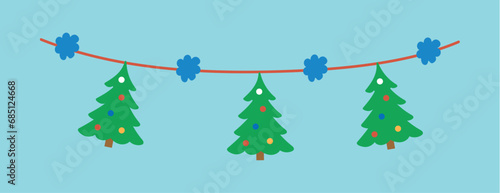 Garland of winter set in cartoon design. Showcasing of the joy of the season with a colorful Christmas garland of Christmas trees that pops against a cool blue background. Vector illustration.