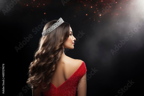 Beauty queen on the stage of a beauty pageant wearing a crown. Beauty queen wearing a tiara photo seen from behind