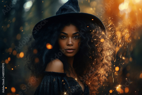Generative ai image of beautiful witch magician conjures on halloween night