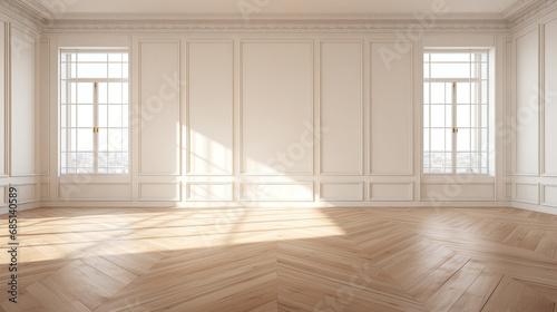 empty modern classic room with white walls and wooden floors. empty wall mockup