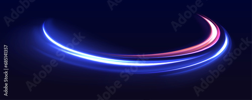 Neon stripes in the form of drill, turns and swirl. Illustration of high speed concept. Image of speed motion on the road. Abstract background in blue and purple neon glow colors. 