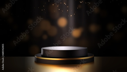 Black, dark and gold luxury empty podium background with presentation product stand cosmetic display on pedestal and premium modern round showcase on elegant mockup, illuminated by spotlights