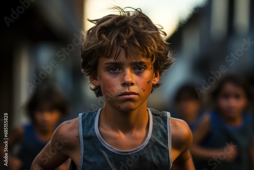 The determined gaze of a young boy as he races showcasing mental strength in competitive running, runner image