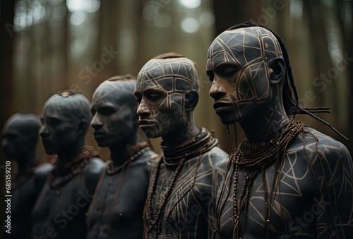 a group of native tribe men with tattoos standing in the forest