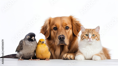 Cat, dog and exotic birds on a white background. Banner concept for veterinary clinic or pet store.