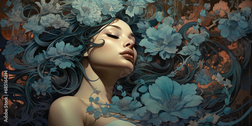 Femme endormie au milieu de fleurs bleues