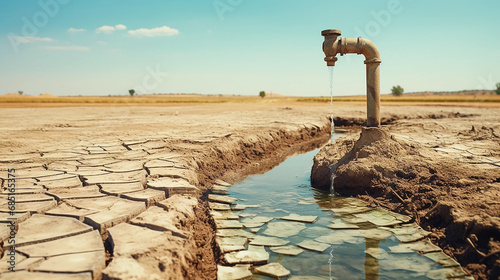 Dry cracked desert with old water pipe. Water scarcity concept.