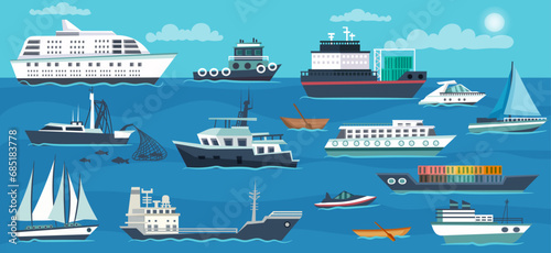 Various ship set, marine transport. Collection of tanker, sailboat, freight, cargo, yacht, fishing boat, cruise liner, speedboat. Shipping vessel, nautical voyage and resort. Vector illustration