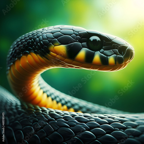 snake with high detailed head in black and yellow skin with curved body over green blurred background