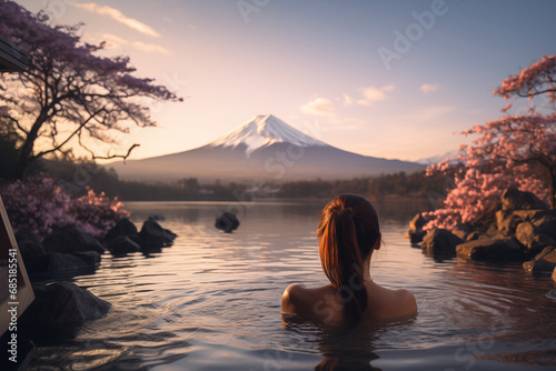 Rear view of woman enjoy Onsen in the morning and seeing view of Fuji mountain in Japan