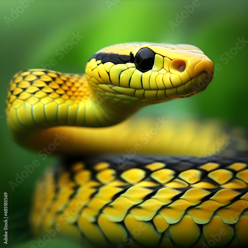 snake with high detailed head in black and yellow skin with curved body over green blurred background