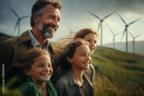 Happy family standing in nature with windmills. Ecology, renewable resources and sustainable energy