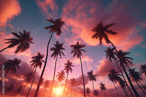 Tropical palms and sunset. 