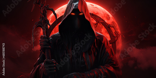 scary halloween vampire,Grim reaper reaching towards the camera over dark background, A fantasy dark lord wearing black robes and a black face mask red eyes AI generated,Eldritch Convergence Portrait 