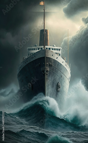 Front of Hull Ride the Wind And Waves Mysterious Stormy Sea The Titanic Sailing Head-On In The Rainstorm Seascape Background