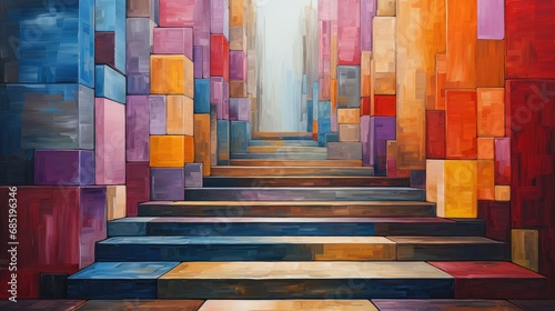 Painting of stairway to heven showing the texture of thick oil paint strokes on the rustic canvas