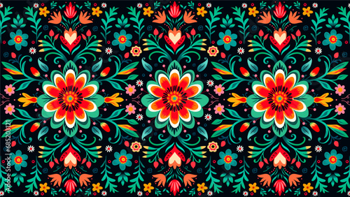 Patron floral inspirado en la cultura mexicana colores vivos fondo color negro vector