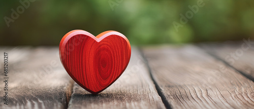 corazón rojo tallado en madera sobre tabla rustica de madera y fondo verde desenfocado, con bokeh concepto San Valentín, celebraciones