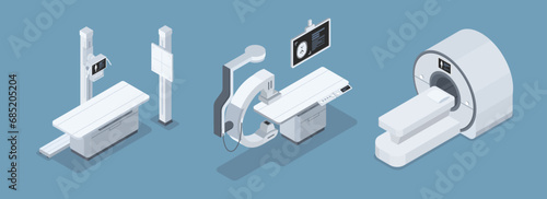 A set of medical machine, x-ray, x-ray fluoroscopy, magnetic resonance imaging, in isometric vector design.