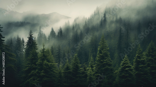 Dreamy Retro Forest Veiled in Mist