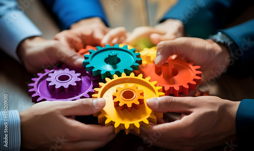 Business People holding Gears and Teamwork Concept, Business team connect pieces of gears. Teamwork, partnership and integration concept, ai generated photo