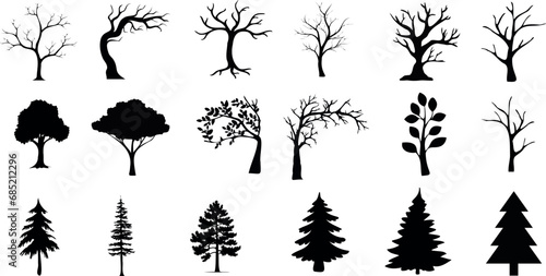 Tree silhouette vector illustration set, ideal for nature, forest, park, outdoors, isolated, background, different types, deciduous, coniferous, oak, pine, birch, maple, spruce, fir, cedar