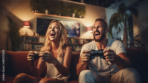 young couple playing video game, sitting on couch