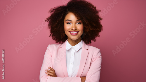 happy african american lady in suit on pink background