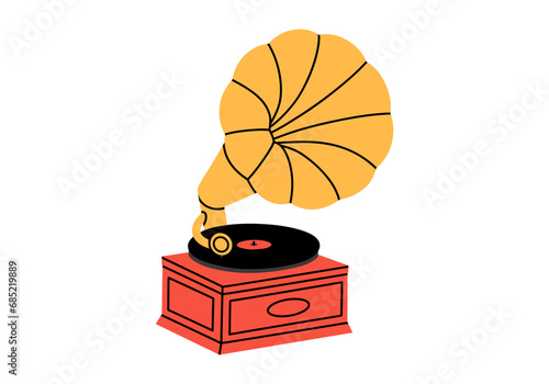 Hand drawn cute cartoon illustration of retro vinyl record player. Flat vector old gramophone with plate sticker in colored doodle style. Vintage phonograph for listening music icon. Isolated.