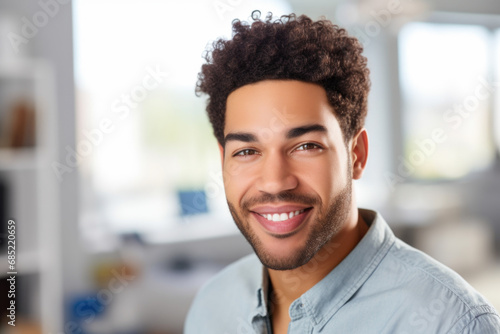 Picture of man with curly hair smiling directly at camera. Perfect for advertisements, corporate websites, and social media profiles.