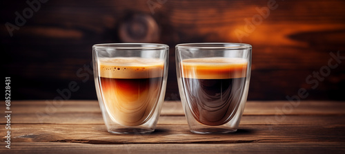two glass cups of espresso on a wooden table, caffe crema