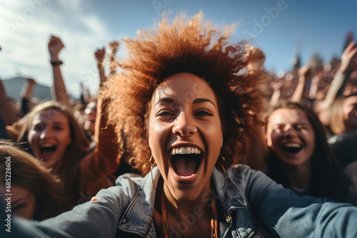 Selfie of woman smiling in front of a crowd of children on background.