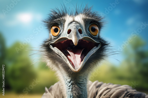 surprised funny emu ostrich bird blurred bokeh background zoo animal