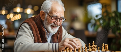 In a retirement community, elderly companions play chess on the living room sofa..