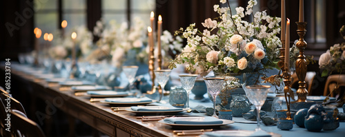 Elegant Wedding Table Setting with Beautiful Floral Decor and Romantic Atmosphere, Stylish Wedding Reception Table with Happy Guests and Festive Decor, Atmospheric Details, and Joyful Celebration 