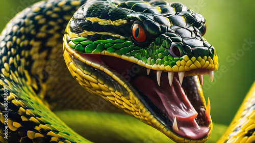 Portrait of a dangerous green snake. Generative AI